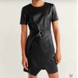 Mango Sexy Chic Faux Leather Belted Mini Dress with Wrap-style Skirt Sz S